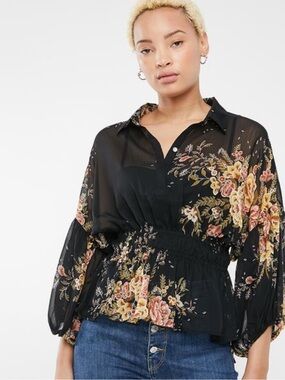 NWT 18 Centimeters Sheer Black Floral Peplum Long Sleeve Blouse Top